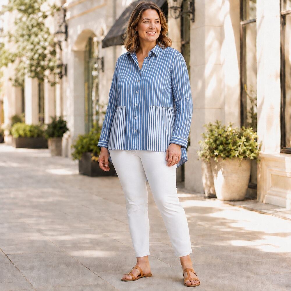Cato Est 1946 Blue White Striped High Low Shirt XL